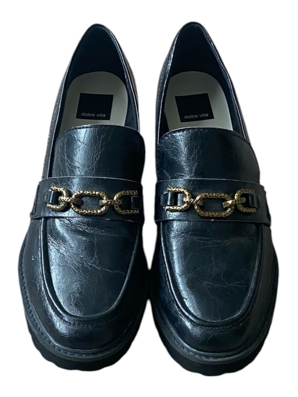 NWOT Dolce Vita Black Platform Loafers Gold Chain Lug Sole Shoes Size 11